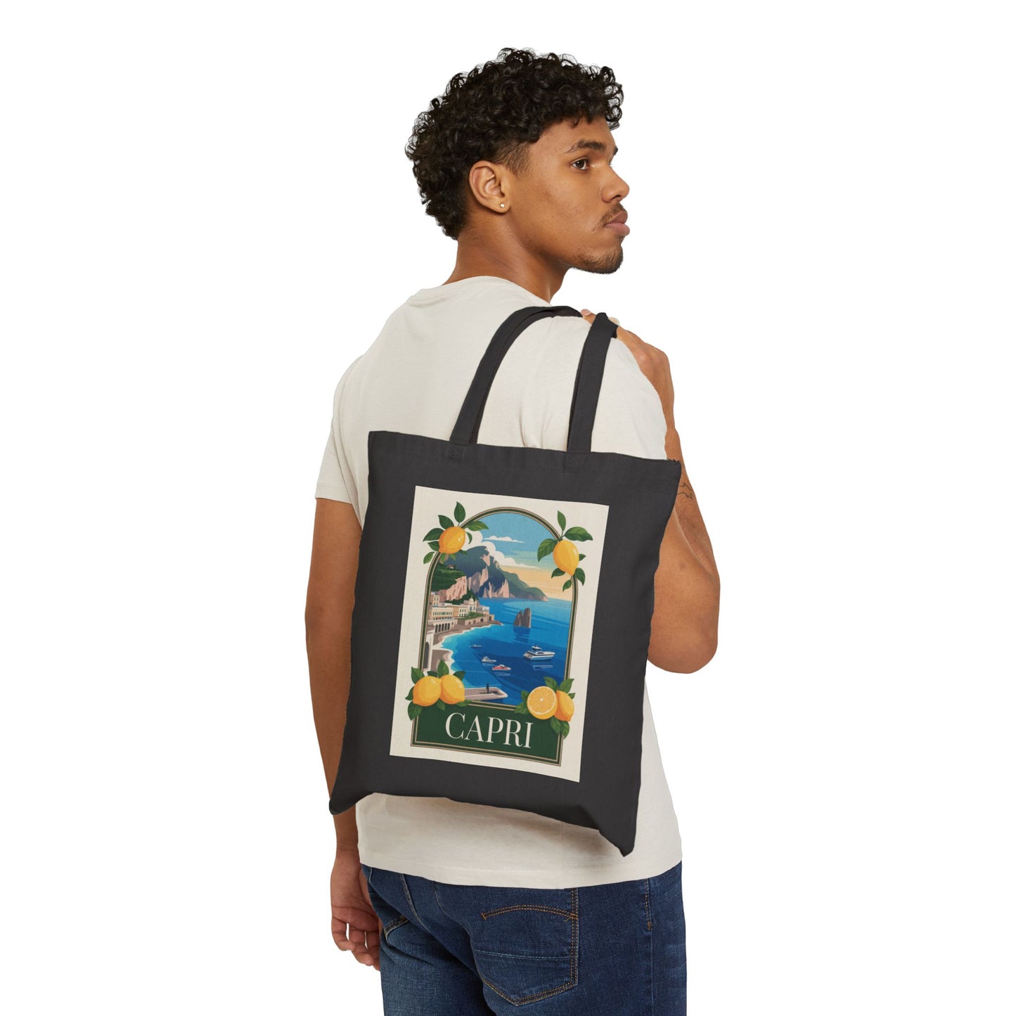 Vintage Themed Capri Cotton Canvas Tote Bag, Eco-Friendly Beach Bag, Travel Bag, Gift for Her, Vacation Accessories