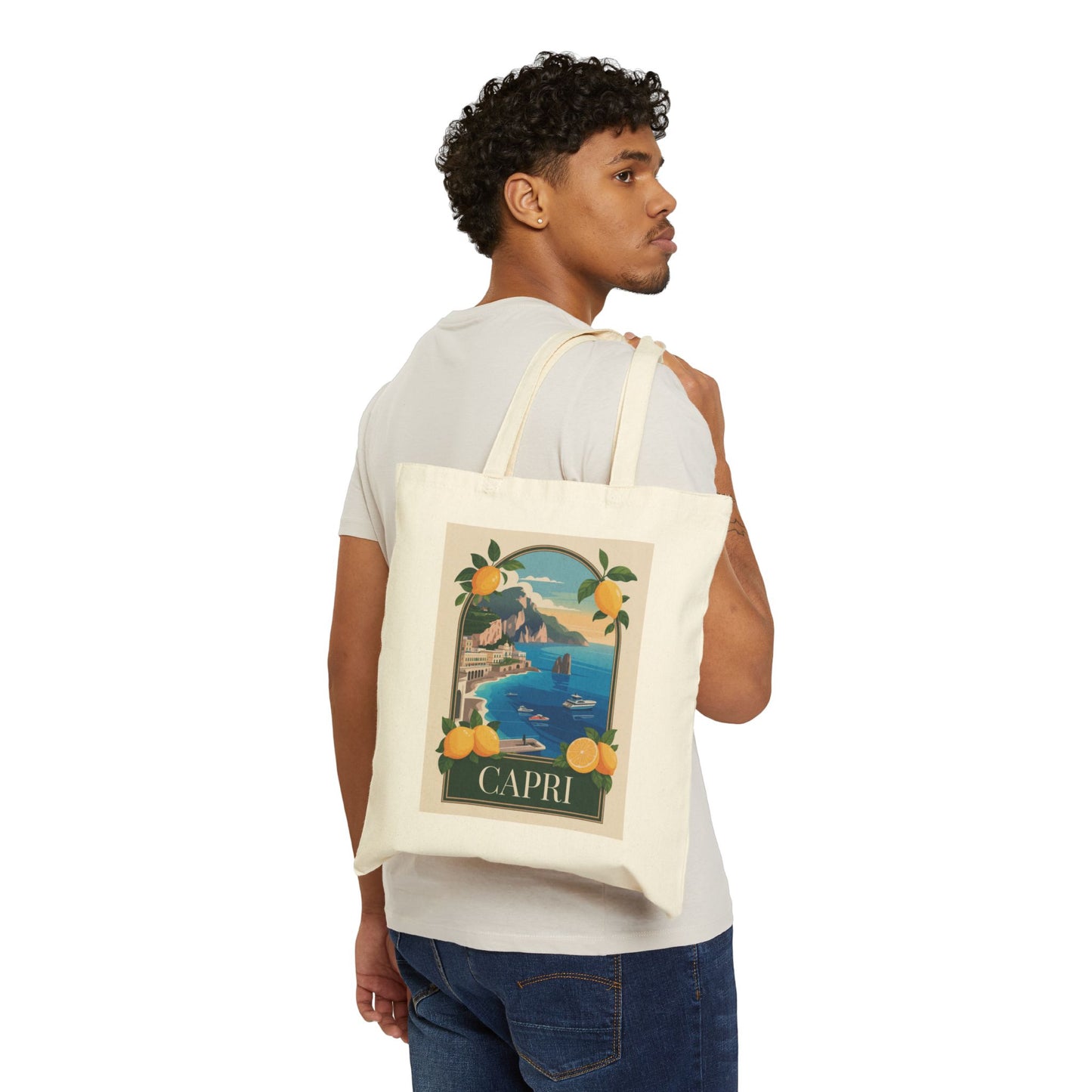 Vintage Themed Capri Cotton Canvas Tote Bag, Eco-Friendly Beach Bag, Travel Bag, Gift for Her, Vacation Accessories