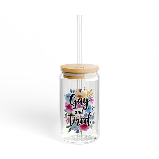 Floral Sipper Glass with Straw, "Gay and Tired" Drinkware, Gift for LGBTQ+ Friends, Eco-Friendly Water Bottle, Birthday Present, [...]