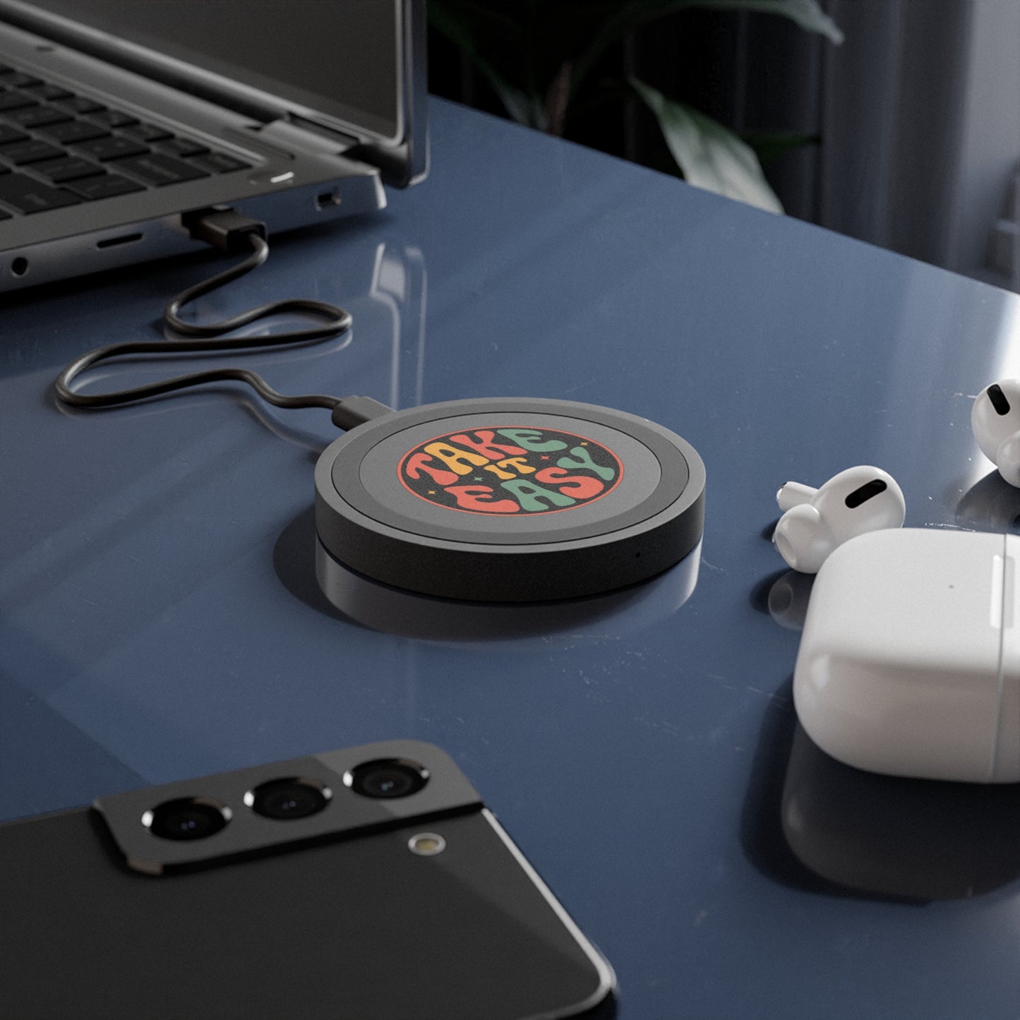 Retro Vibe Wireless Charging Pad - Take It Easy Design, Bohemian Style, Tech Gift, Home Office Decor, Holiday Present